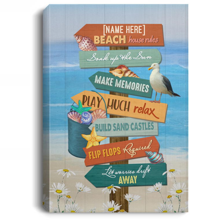 Personalized Beach House Sign Beach House Rules Soak up The Sun Make Memories Framed Canvas - Unframed Poster, White, 0.75'' Framed Canvas