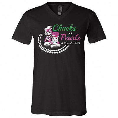 Kamala Harris Chucks and Pearls Aka Sorority 1908 T-Shirt - V Neck, Black, V-Neck T-Shirt