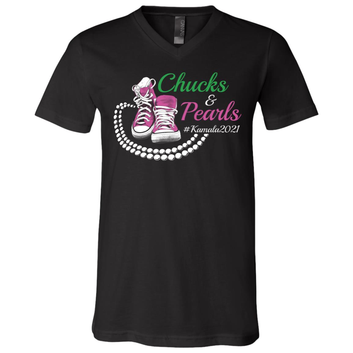 Kamala Harris Chucks and Pearls Aka Sorority 1908 T-Shirt - V Neck, Black, V-Neck T-Shirt