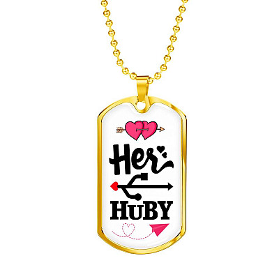 Her Huby His Wifiy Valentine's Day Geek Couple Matching Dog Tag Pendant Necklace Gifts for Him - Dog Tag (Gold Plated)