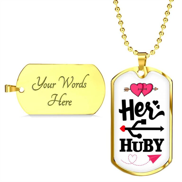 Her Huby His Wifiy Valentine's Day Geek Couple Matching Dog Tag Pendant Necklace Gifts for Him - Dog Tag (Gold Plated)