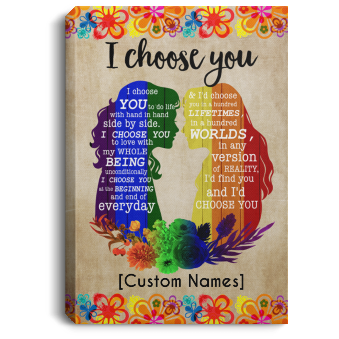 Personalized LGBT Lesbian Couple I Choose You To Do Life With Hand I Hand Side By Side Framed Canvas - Unframed Poster, White, 0.75'' Framed Canvas