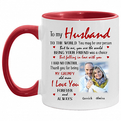 Personalized Photo To My Husband, White/Red, 11 oz. Accent Mug