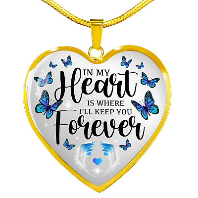 In My Heart Is Where I'll Keep You Forever Butterfly Feather Memorial Luxury Heart Pendant Necklace - Heart Luxury Necklace (Gold Plated)