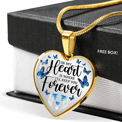 In My Heart Is Where I'll Keep You Forever Butterfly Feather Memorial Luxury Heart Pendant Necklace - Heart Luxury Necklace (Gold Plated)
