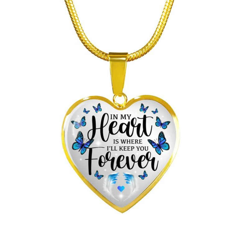 In My Heart Is Where I'll Keep You Forever Butterfly Feather Memorial Luxury Heart Pendant Necklace - Heart Luxury Necklace (Gold Plated)