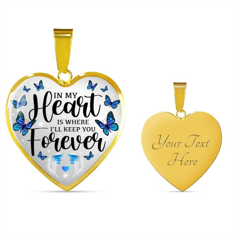 In My Heart Is Where I'll Keep You Forever Butterfly Feather Memorial Luxury Heart Pendant Necklace - Heart Luxury Necklace (Gold Plated)