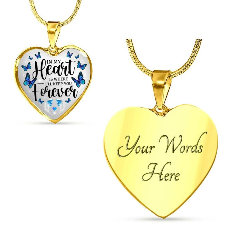 In My Heart Is Where I'll Keep You Forever Butterfly Feather Memorial Luxury Heart Pendant Necklace - Heart Luxury Necklace (Gold Plated)