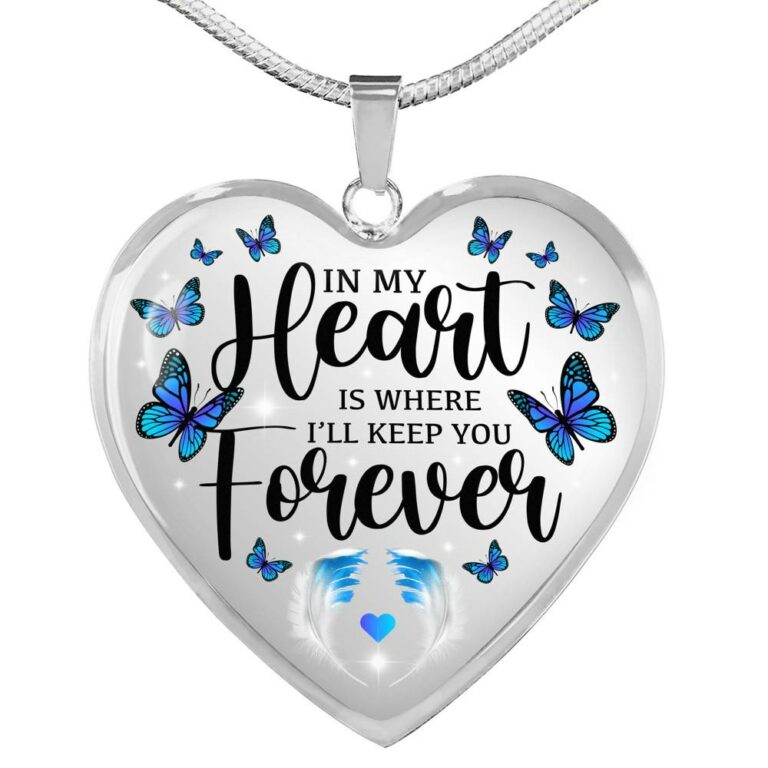In My Heart Is Where I'll Keep You Forever Butterfly Feather Memorial Luxury Heart Pendant Necklace - Heart Luxury Necklace (Silver)