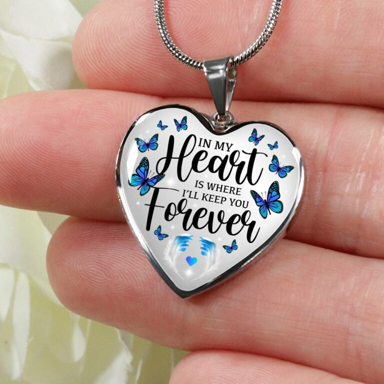 In My Heart Is Where I'll Keep You Forever Butterfly Feather Memorial Luxury Heart Pendant Necklace - Heart Luxury Necklace (Silver)