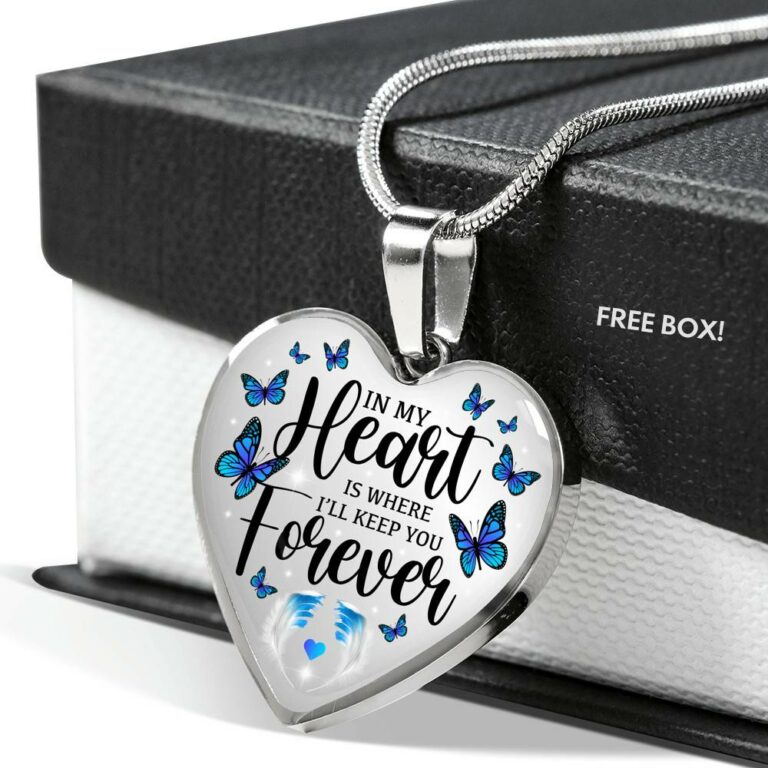 In My Heart Is Where I'll Keep You Forever Butterfly Feather Memorial Luxury Heart Pendant Necklace - Heart Luxury Necklace (Silver)