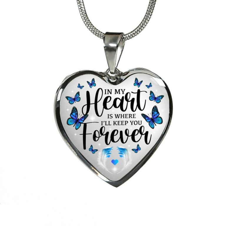 In My Heart Is Where I'll Keep You Forever Butterfly Feather Memorial Luxury Heart Pendant Necklace - Heart Luxury Necklace (Silver)