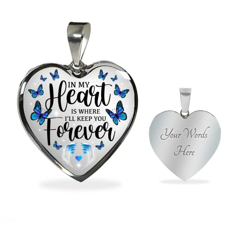 In My Heart Is Where I'll Keep You Forever Butterfly Feather Memorial Luxury Heart Pendant Necklace - Heart Luxury Necklace (Silver)