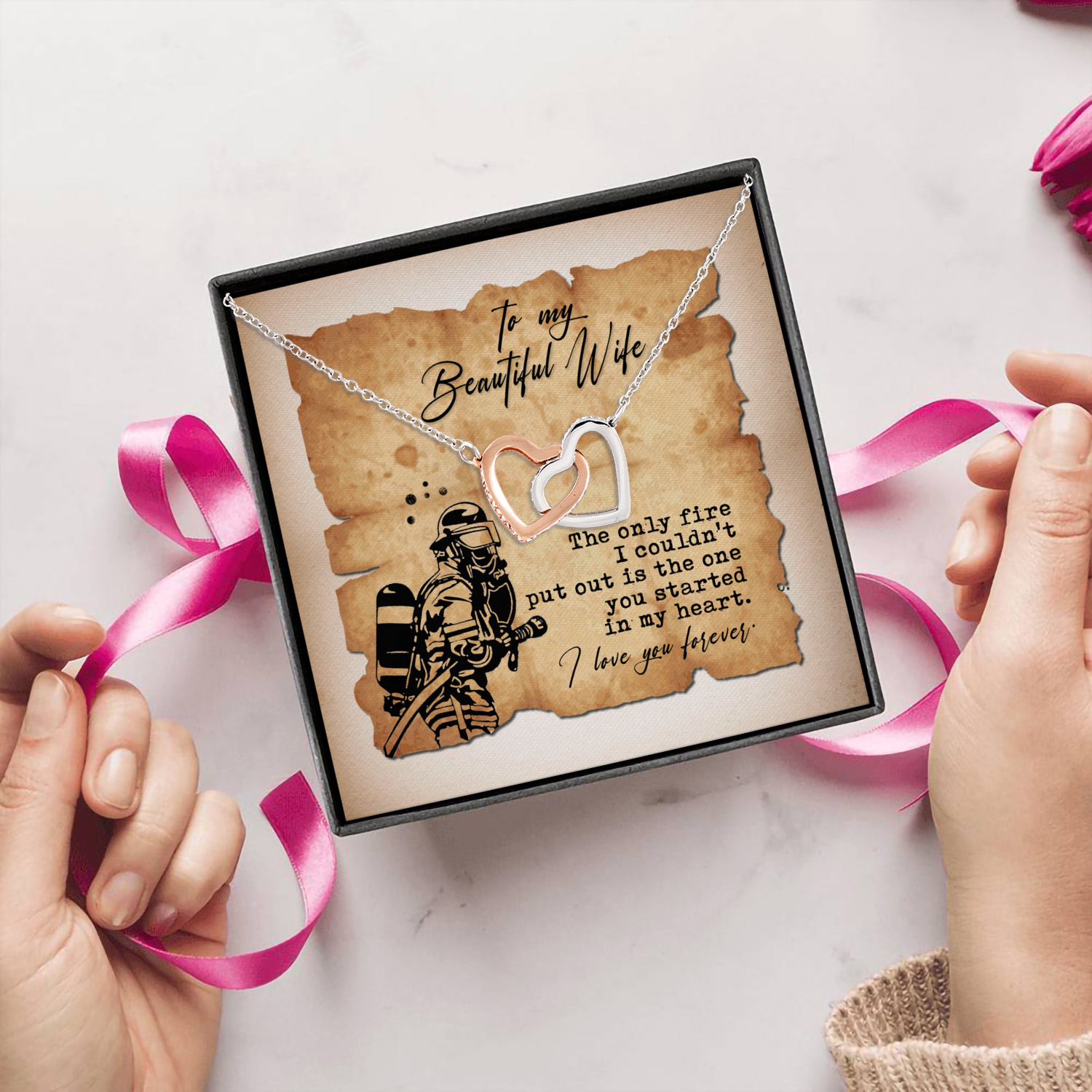 4KT. To My Wife Firefighter(5) Interlocking Hearts Necklace 5