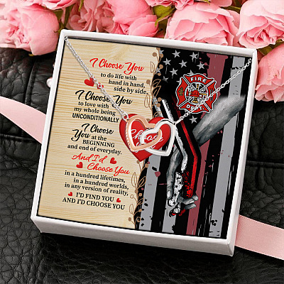 My Firefighter Wife Life Pride I Choose You To Do Life With Hand In Hand Couple Interlocking Hearts Necklace