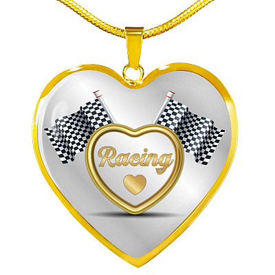Drag Racing Luxury Heart Pendant Necklace - Racing Flag Necklace Charm - Racing Lover Gifts For Women - Heart Luxury Necklace (Gold Plated)
