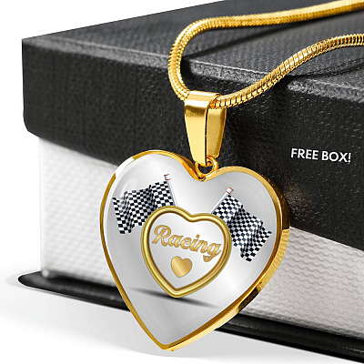 Drag Racing Luxury Heart Pendant Necklace - Racing Flag Necklace Charm - Racing Lover Gifts For Women - Heart Luxury Necklace (Gold Plated)