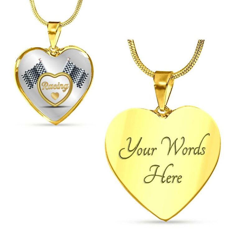 Drag Racing Luxury Heart Pendant Necklace - Racing Flag Necklace Charm - Racing Lover Gifts For Women - Heart Luxury Necklace (Gold Plated)