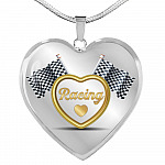 Drag Racing Luxury Heart Pendant Necklace - Racing Flag Necklace Charm - Racing Lover Gifts For Women - Heart Luxury Necklace (Silver)