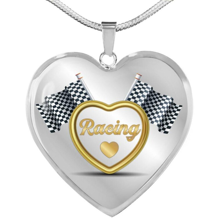 Drag Racing Luxury Heart Pendant Necklace - Racing Flag Necklace Charm - Racing Lover Gifts For Women - Heart Luxury Necklace (Silver)