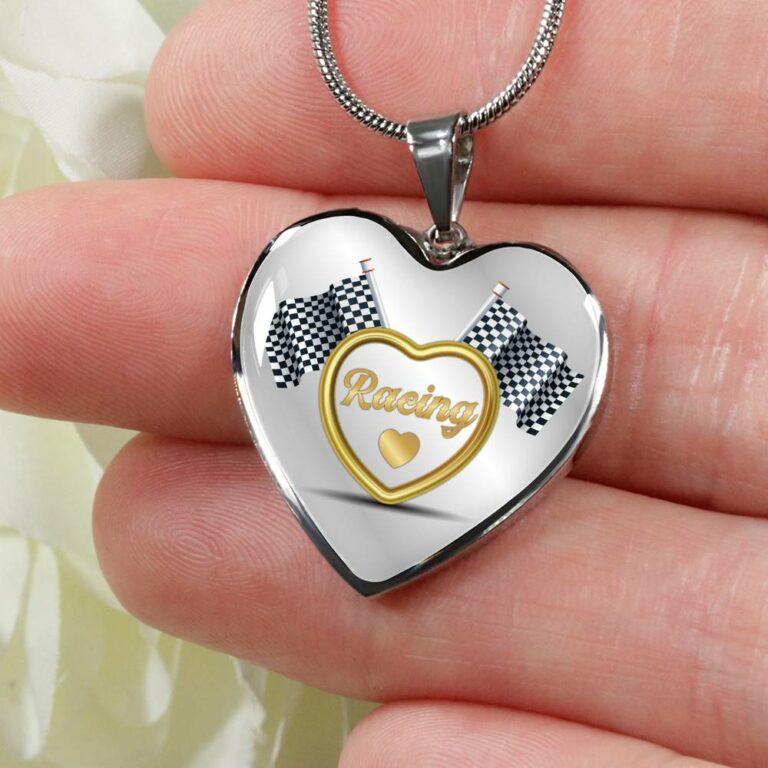 Drag Racing Luxury Heart Pendant Necklace - Racing Flag Necklace Charm - Racing Lover Gifts For Women - Heart Luxury Necklace (Silver)