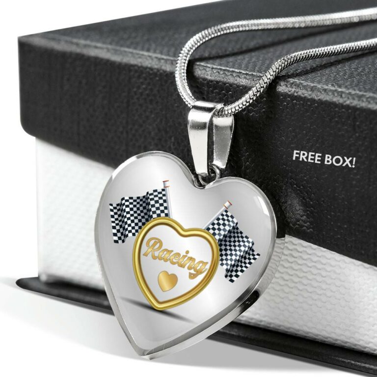 Drag Racing Luxury Heart Pendant Necklace - Racing Flag Necklace Charm - Racing Lover Gifts For Women - Heart Luxury Necklace (Silver)