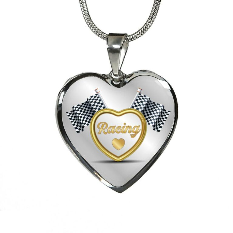 Drag Racing Luxury Heart Pendant Necklace - Racing Flag Necklace Charm - Racing Lover Gifts For Women - Heart Luxury Necklace (Silver)