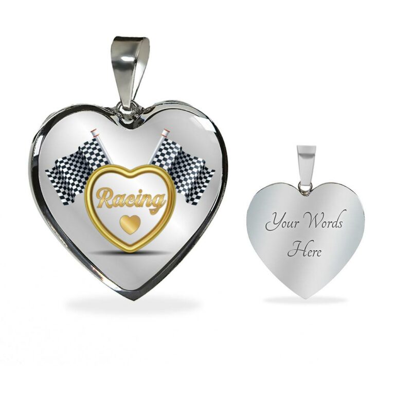 Drag Racing Luxury Heart Pendant Necklace - Racing Flag Necklace Charm - Racing Lover Gifts For Women - Heart Luxury Necklace (Silver)