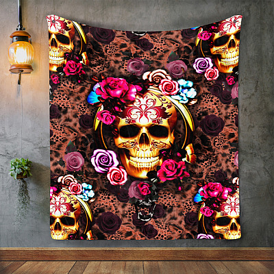 Alternative view of Floral Skull 3D Fleece Mink Blanket - Sugar Skull Mexican Skull Roses Woven Blanket - Skull Blanket