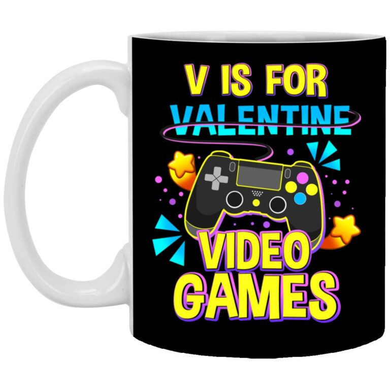 V Is For Video Games Funny Valentines Mug, Black, 11 oz. White Mug