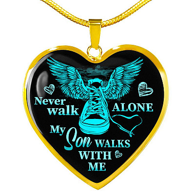 Never Walk Alone My Son Walks With Me Heart Pendant Necklace - Grief Gifts for Loss of Son - Heart Luxury Necklace (Gold Plated)