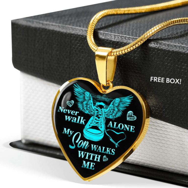 Never Walk Alone My Son Walks With Me Heart Pendant Necklace - Grief Gifts for Loss of Son - Heart Luxury Necklace (Gold Plated)