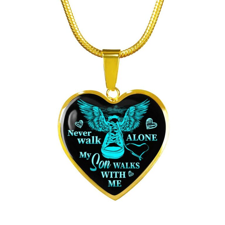 Never Walk Alone My Son Walks With Me Heart Pendant Necklace - Grief Gifts for Loss of Son - Heart Luxury Necklace (Gold Plated)
