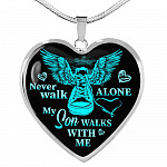 Never Walk Alone My Son Walks With Me Heart Pendant Necklace - Grief Gifts for Loss of Son - Heart Luxury Necklace (Silver)