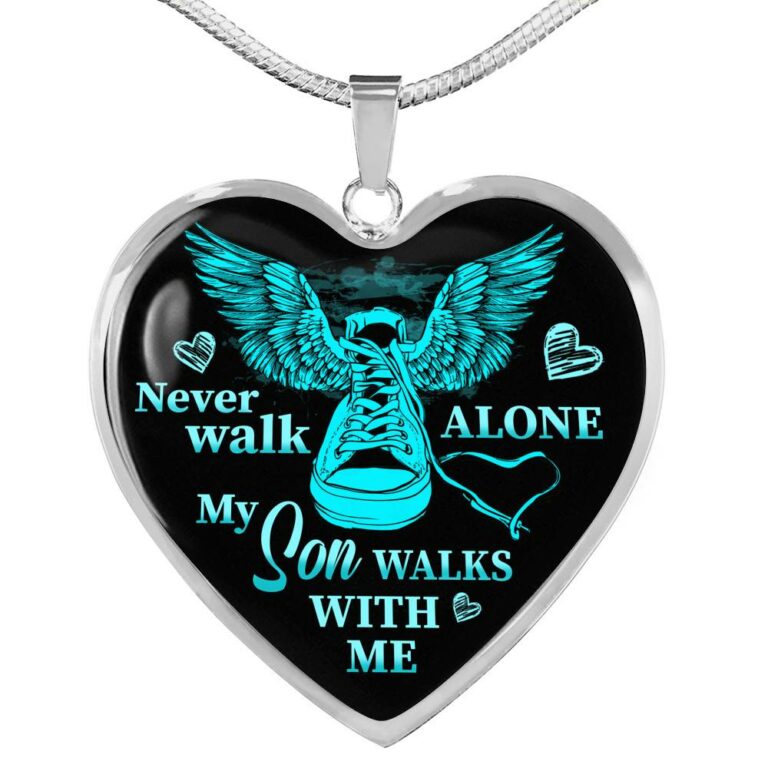 Never Walk Alone My Son Walks With Me Heart Pendant Necklace - Grief Gifts for Loss of Son - Heart Luxury Necklace (Silver)