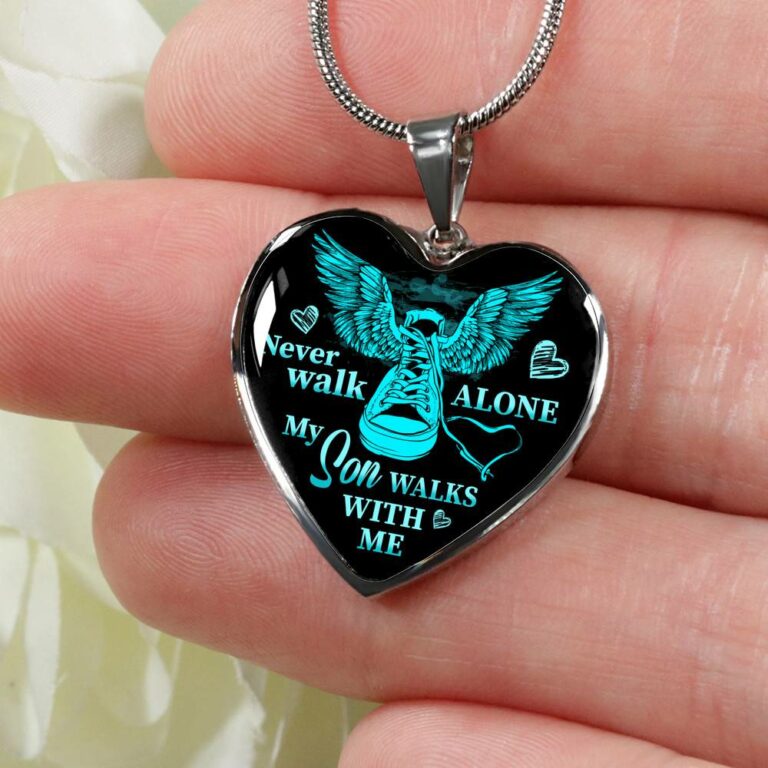 Never Walk Alone My Son Walks With Me Heart Pendant Necklace - Grief Gifts for Loss of Son - Heart Luxury Necklace (Silver)