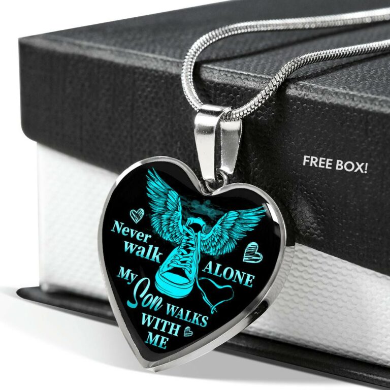 Never Walk Alone My Son Walks With Me Heart Pendant Necklace - Grief Gifts for Loss of Son - Heart Luxury Necklace (Silver)