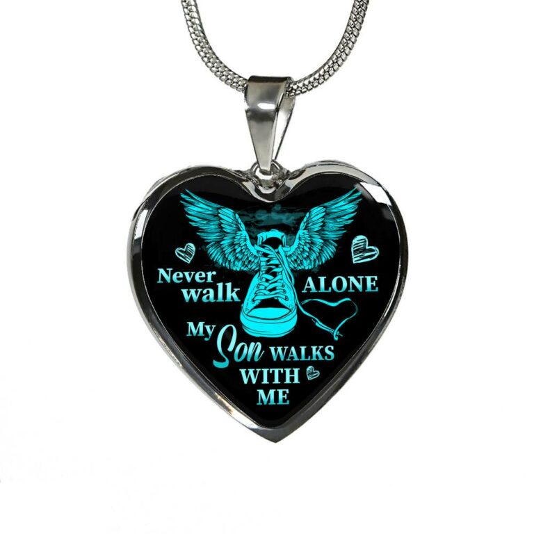 Never Walk Alone My Son Walks With Me Heart Pendant Necklace - Grief Gifts for Loss of Son - Heart Luxury Necklace (Silver)
