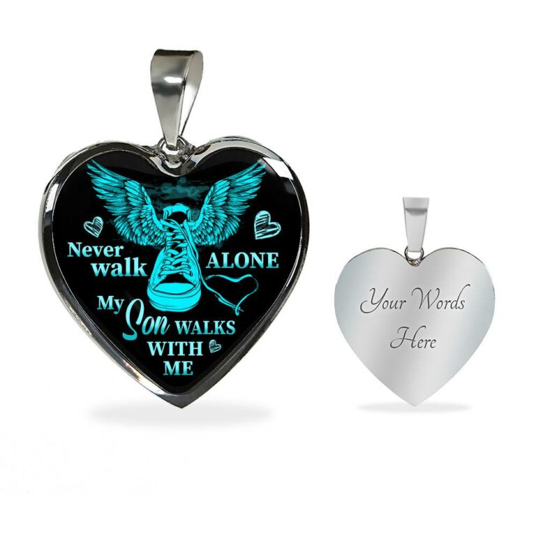 Never Walk Alone My Son Walks With Me Heart Pendant Necklace - Grief Gifts for Loss of Son - Heart Luxury Necklace (Silver)