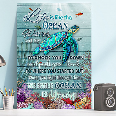 Alternative view of Sea Turtle Decor - Life Is Like an Ocean Waves Will Try to Knock You Down Framed Canvas - Unframed Poster