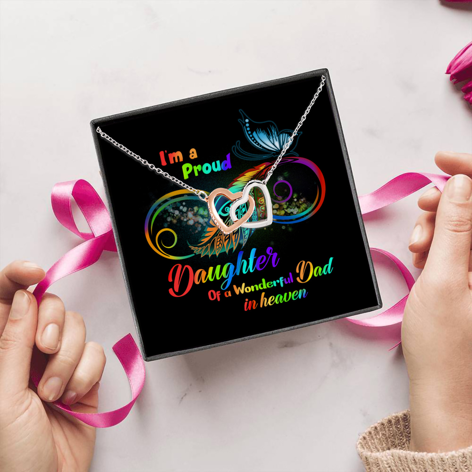 5KT. I'm A Proud Daughter LGBT_mess Interlocking Hearts Necklace 5