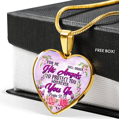 He Will Order His Angel To Protect You Wherever You Go PSALM 91:11 Heart Pendant Necklace - Heart Luxury Necklace (Gold Plated)