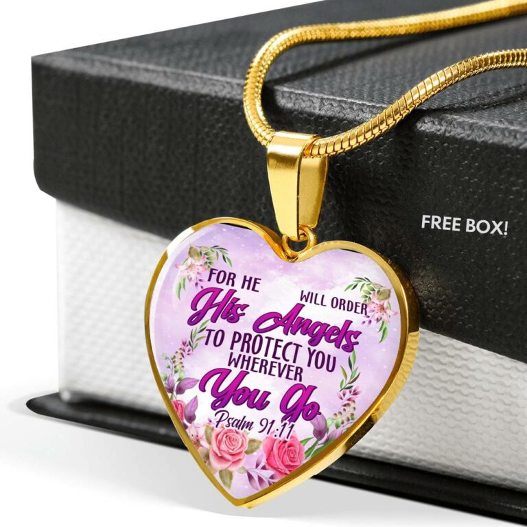 He Will Order His Angel To Protect You Wherever You Go PSALM 91:11 Heart Pendant Necklace - Heart Luxury Necklace (Gold Plated)