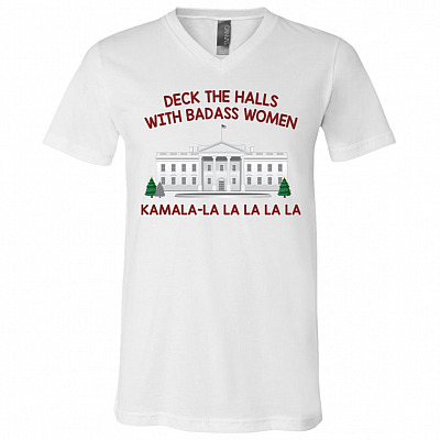 Deck The Halls With Badass Women shirt, White, V-Neck T-Shirt