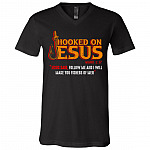 Hooked On Jesus Follow, Black, V-Neck T-Shirt