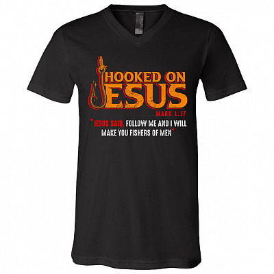 Hooked On Jesus Follow, Black, V-Neck T-Shirt