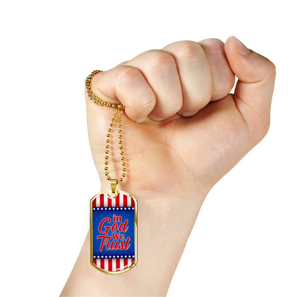 In God We Trust American Flag Dog Tag Pendant Necklace - Patriotic Necklace For Men - Dog Tag (Gold Plated)