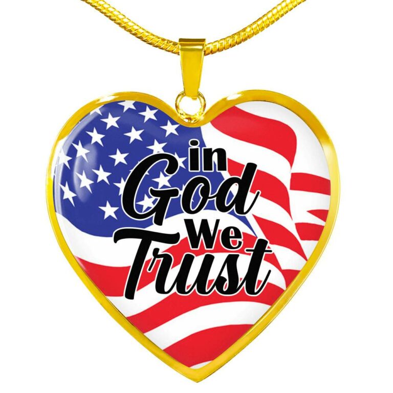 In God We Trust American Flag Heart Pendant Necklace - Womens Patriotic Jewelry - Heart Luxury Necklace (Gold Plated)