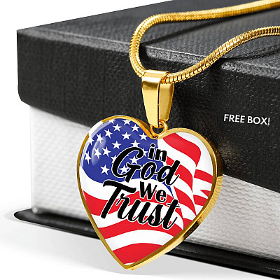 In God We Trust American Flag Heart Pendant Necklace - Womens Patriotic Jewelry - Heart Luxury Necklace (Gold Plated)