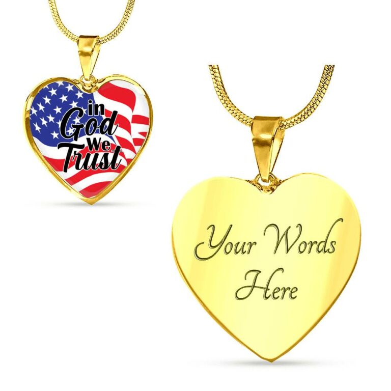 In God We Trust American Flag Heart Pendant Necklace - Womens Patriotic Jewelry - Heart Luxury Necklace (Gold Plated)